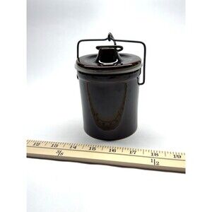 Stoneware Cheese Crock Jar Wire Bale Lid 4” Kitchen Storage Vintage Brown